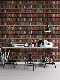 Seamless Books Old Vintage Wooden Shelf Wall mural installed behind a large work desk.