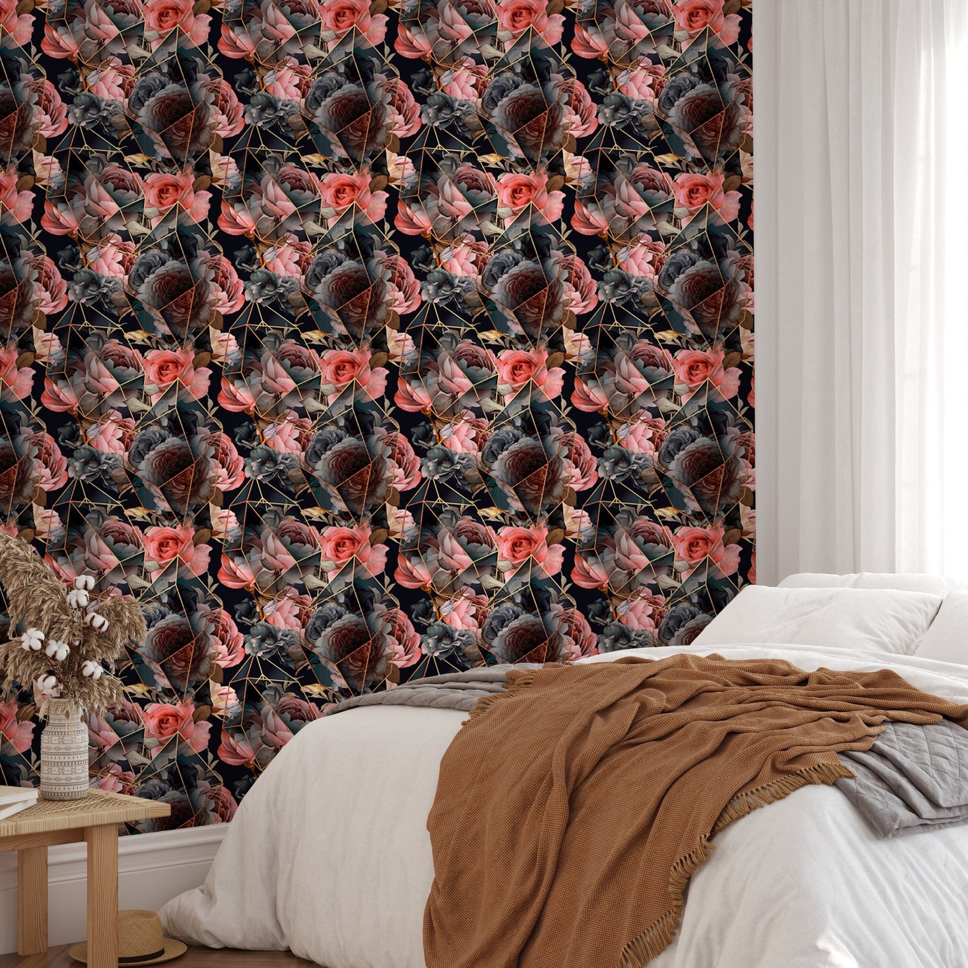 Floral wallpaper in a modern bedroom with white linens and a brown throw