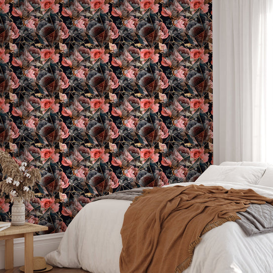 Floral wallpaper in a modern bedroom with white linens and a brown throw