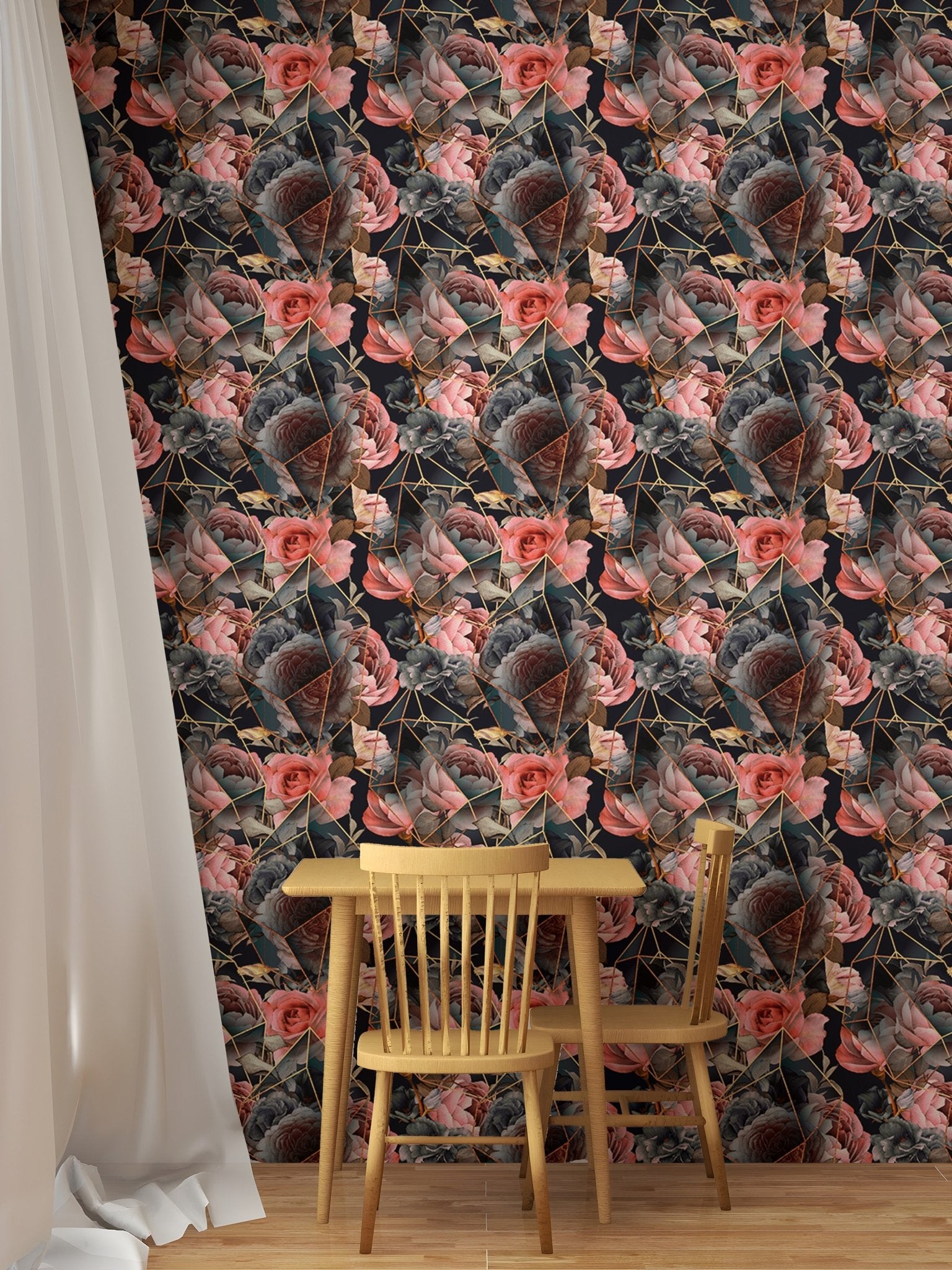 Textured floral wallpaper in a dining area with a wooden table and curtains