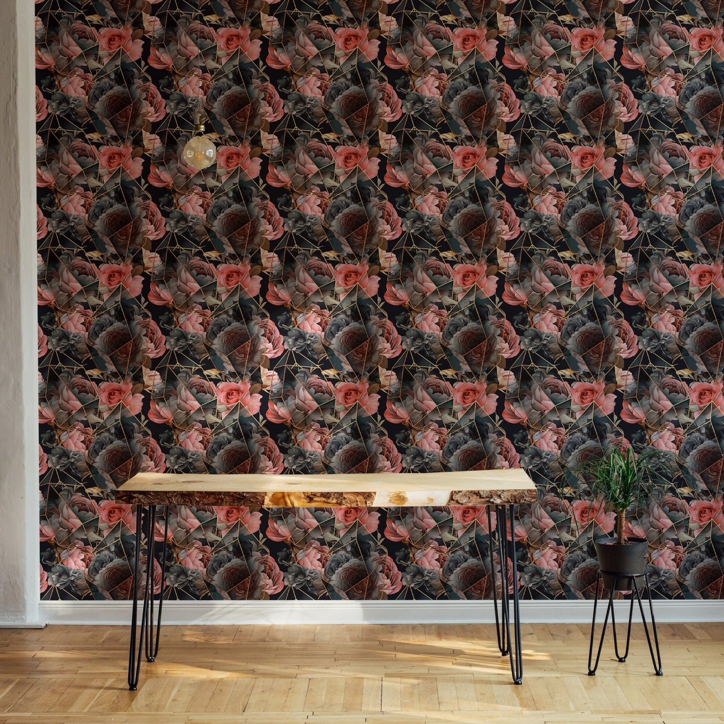 Dark pattern wallpaper behind a rustic wooden console table in a hallway