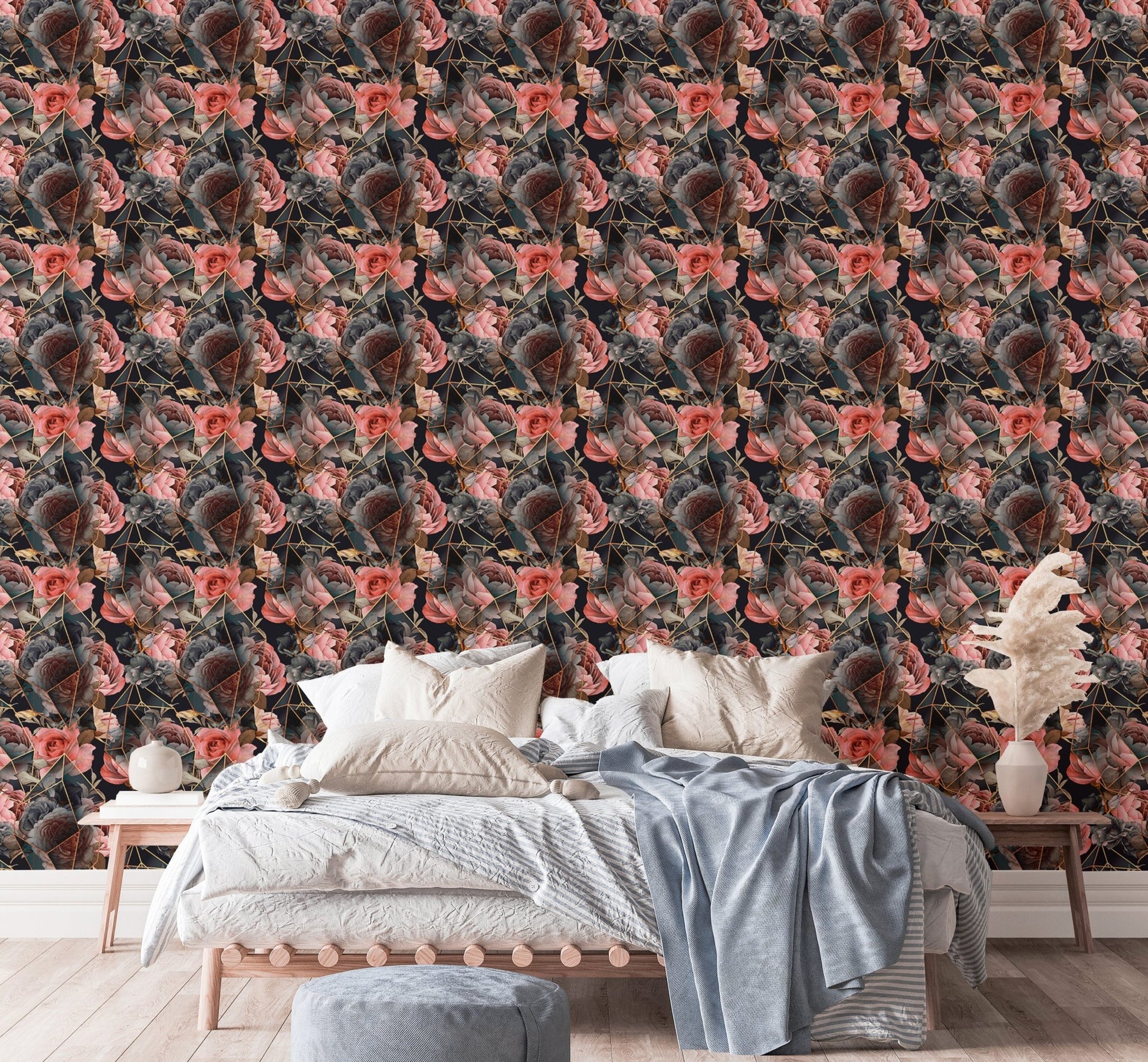 Seamless Floral Repeat Pattern Gold Line Texture Wallpaper in a bright bedroom setup