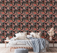 Seamless Floral Repeat Pattern Gold Line Texture Wallpaper in a bright bedroom setup