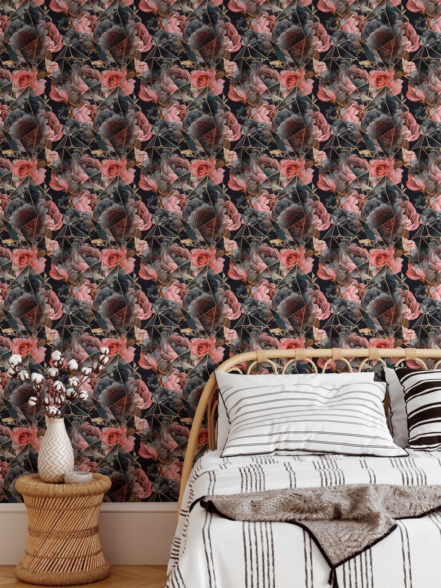 Seamless floral repeat pattern wallpaper in a small bedroom with a side table