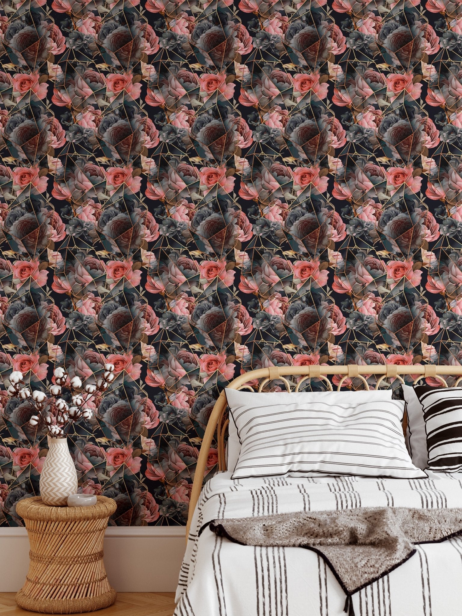 Seamless floral repeat pattern wallpaper in a small bedroom with a side table