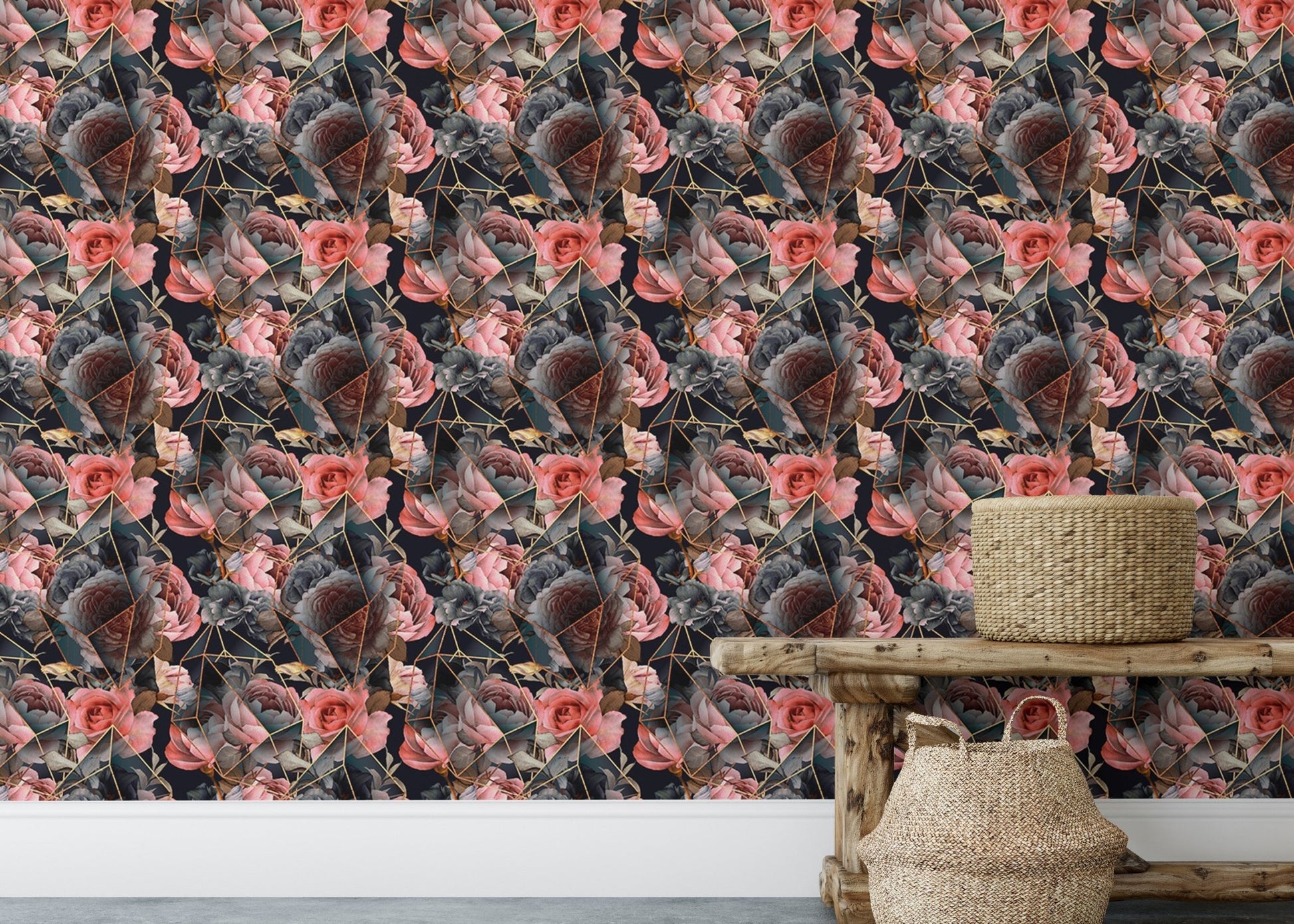 Dark floral wallpaper behind a wooden bench and woven storage baskets