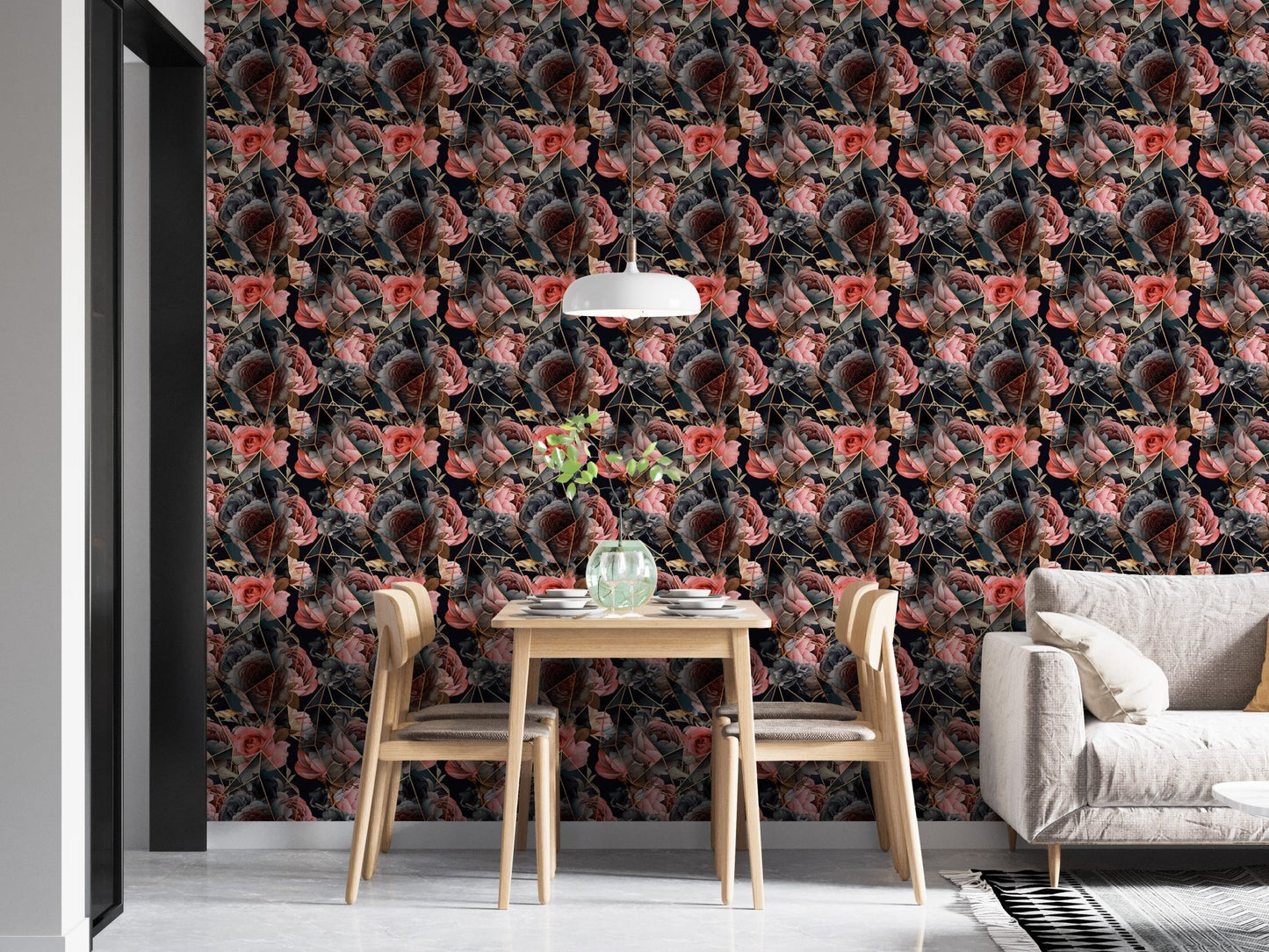 Floral wallpaper behind a dining set with modern chairs and a white sofa