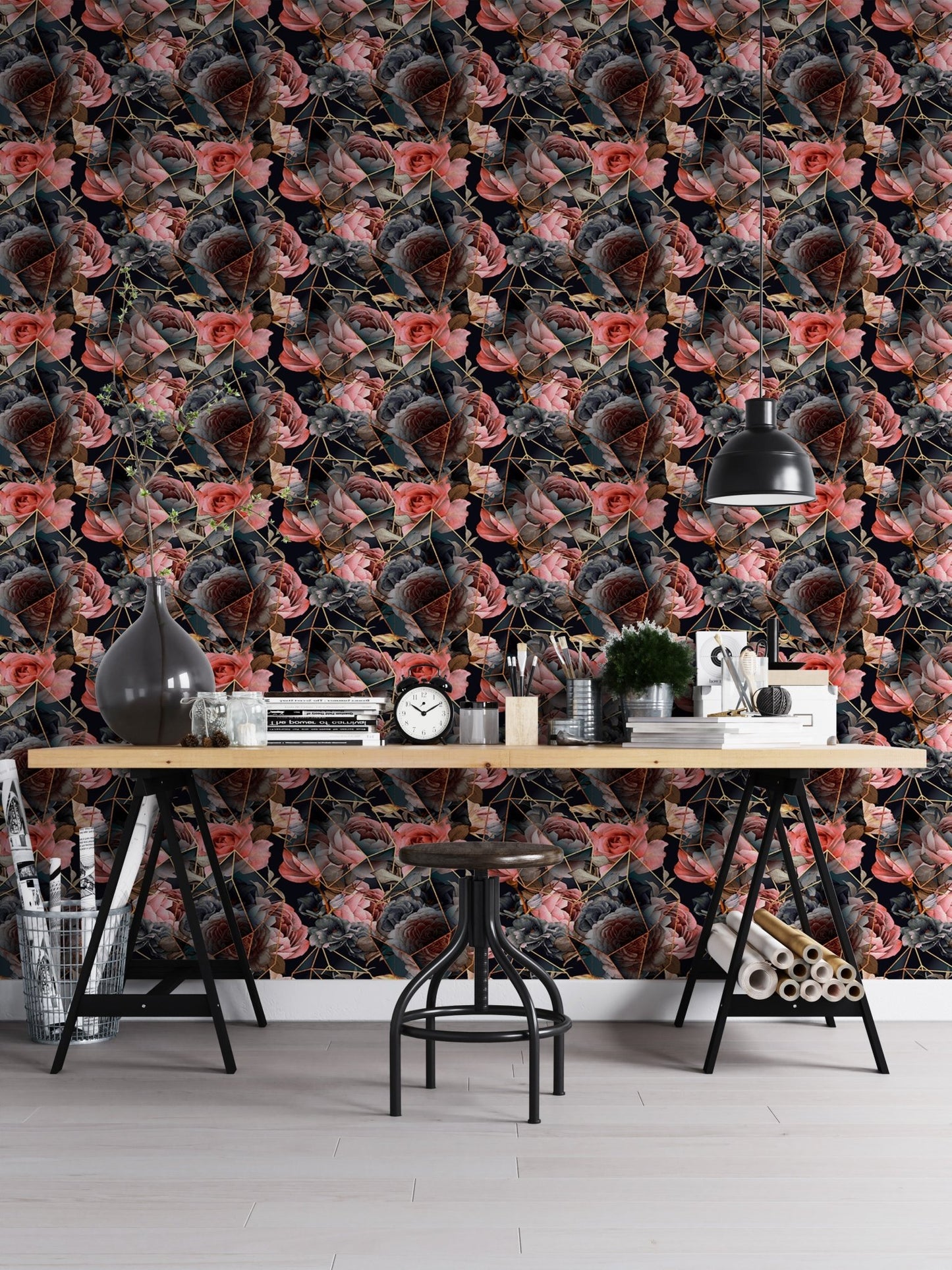 Repeat pattern wallpaper in a workspace with a large desk and black metal chairs
