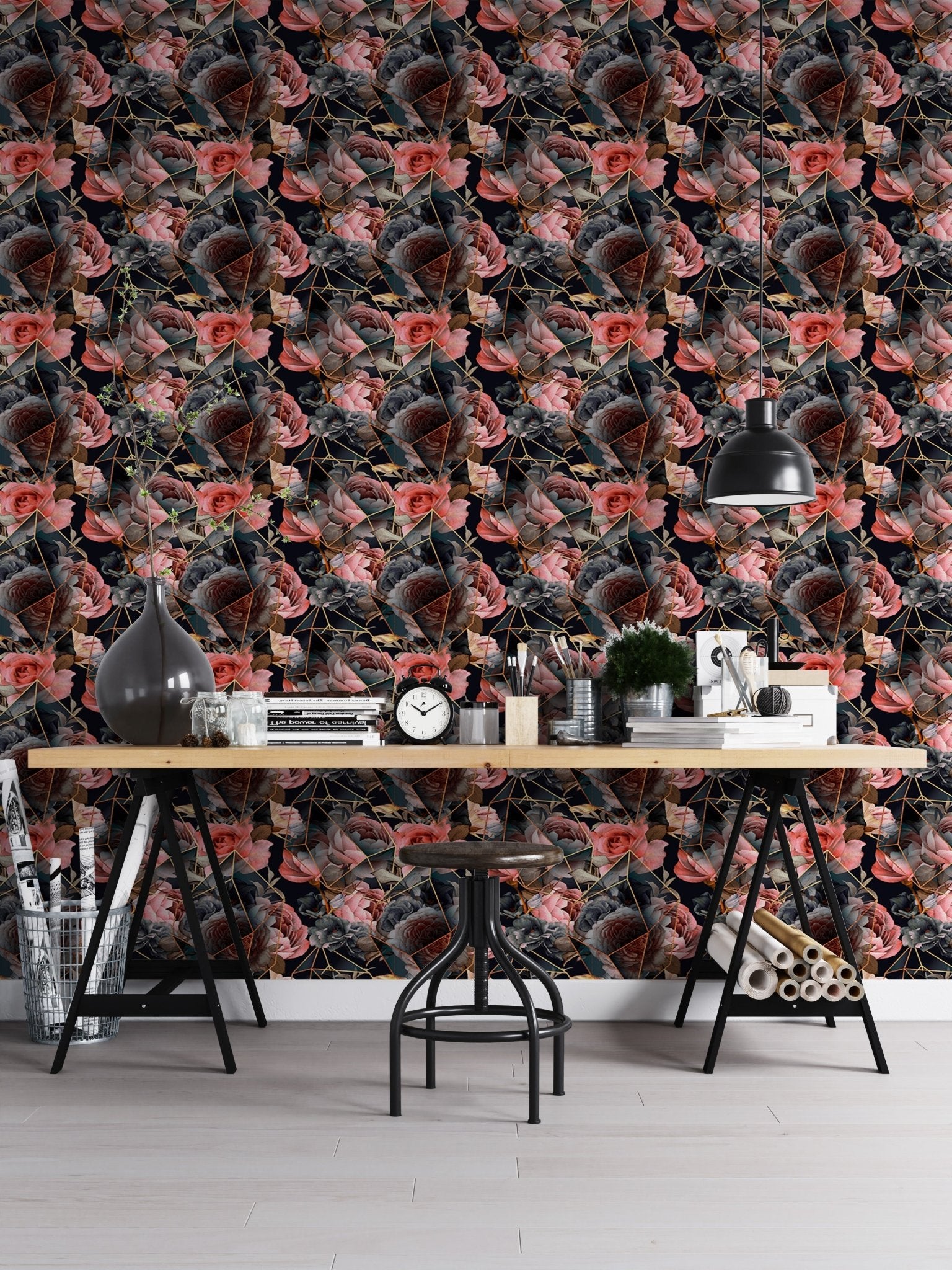 Repeat pattern wallpaper in a workspace with a large desk and black metal chairs