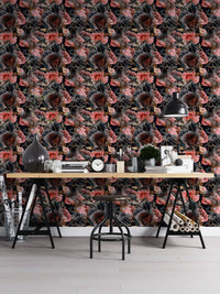 Repeat pattern wallpaper in a workspace with a large desk and black metal chairs