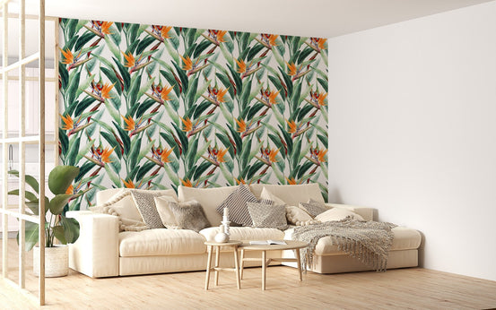 Modern living room wallpaper mural with a vibrant botanical floral print theme.