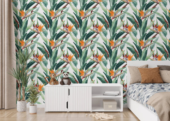 Seamless floral tropical pattern wallpaper in a bright bedroom setting.