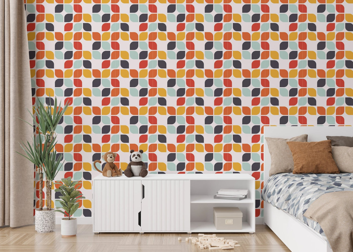 Seamless Geometric Vintage Tile Design Wall mural in a bedroom with a white sideboard.