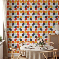 Mid-century vintage tile pattern wall mural in a dining area with a round table and chairs.