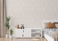 Minimalist bedroom wallpaper with abstract lines and a white storage cabinet.