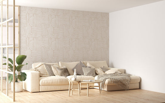 Large living space featuring seamless pattern abstract line swell wallpaper and a sofa.