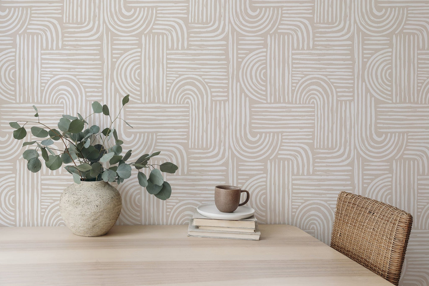 Desk area wallpaper with eucalyptus leaves and seamless abstract line patterns.