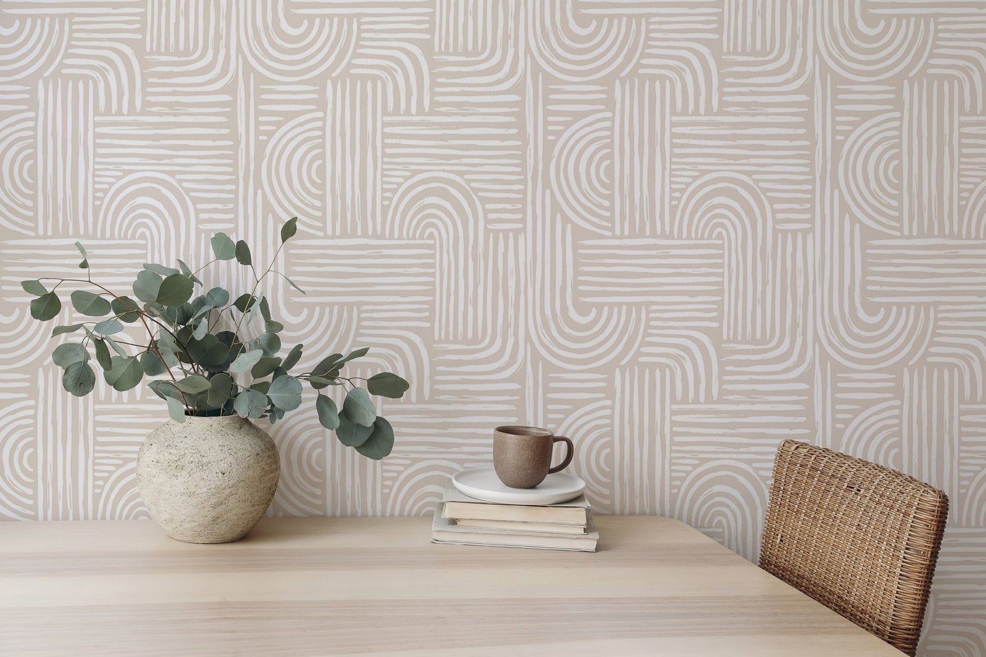 Desk area wallpaper with eucalyptus leaves and seamless abstract line patterns.