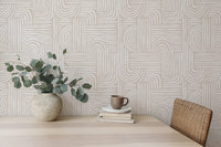 Desk area wallpaper with eucalyptus leaves and seamless abstract line patterns.