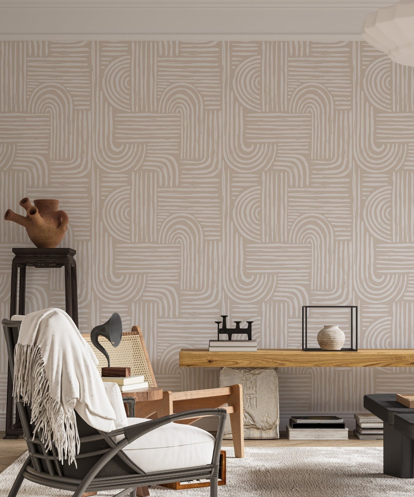 Seamless pattern abstract line swell wallpaper in a study with a black desk chair.