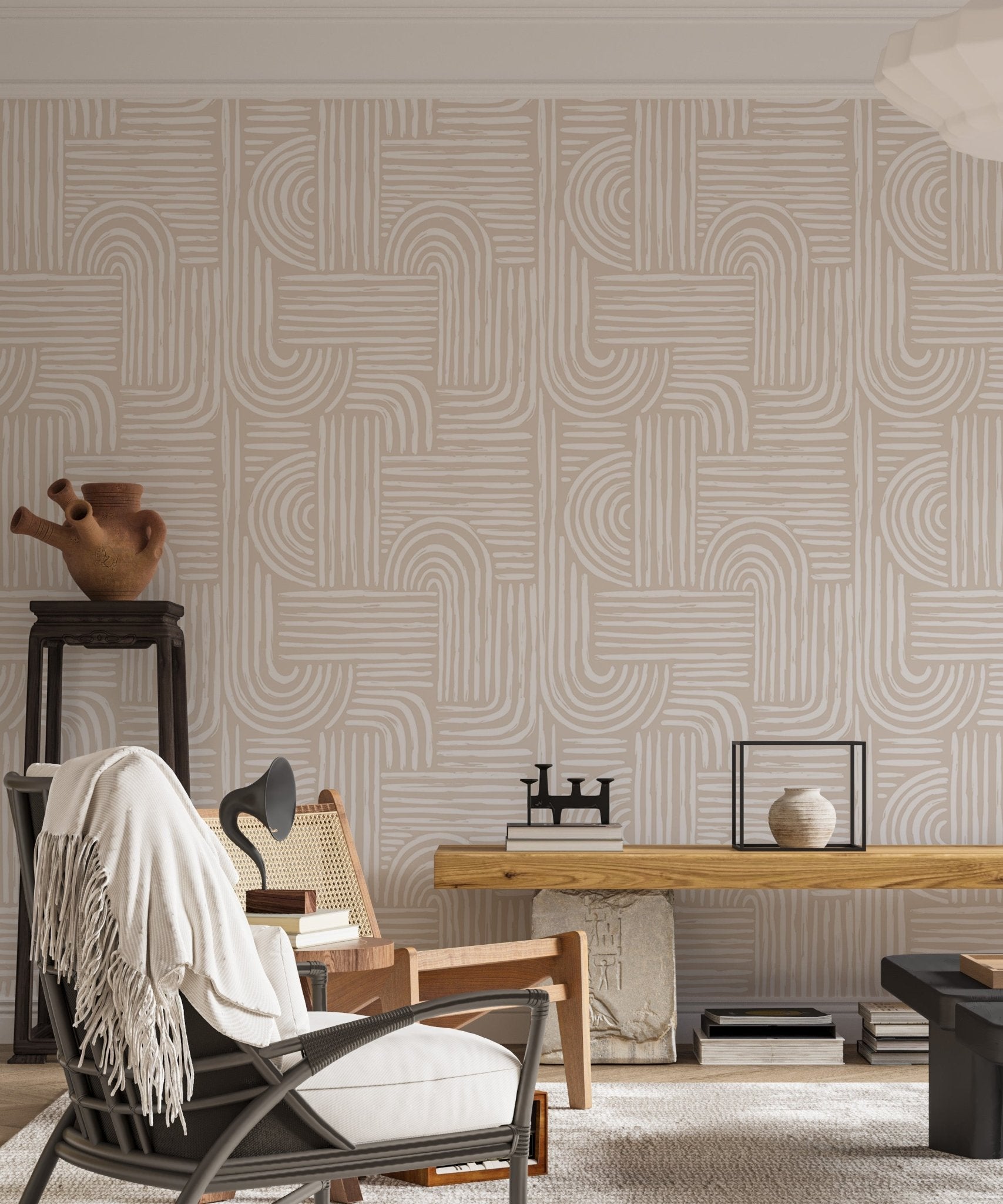 Seamless pattern abstract line swell wallpaper in a study with a black desk chair.