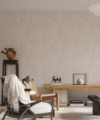 Seamless pattern abstract line swell wallpaper in a study with a black desk chair.