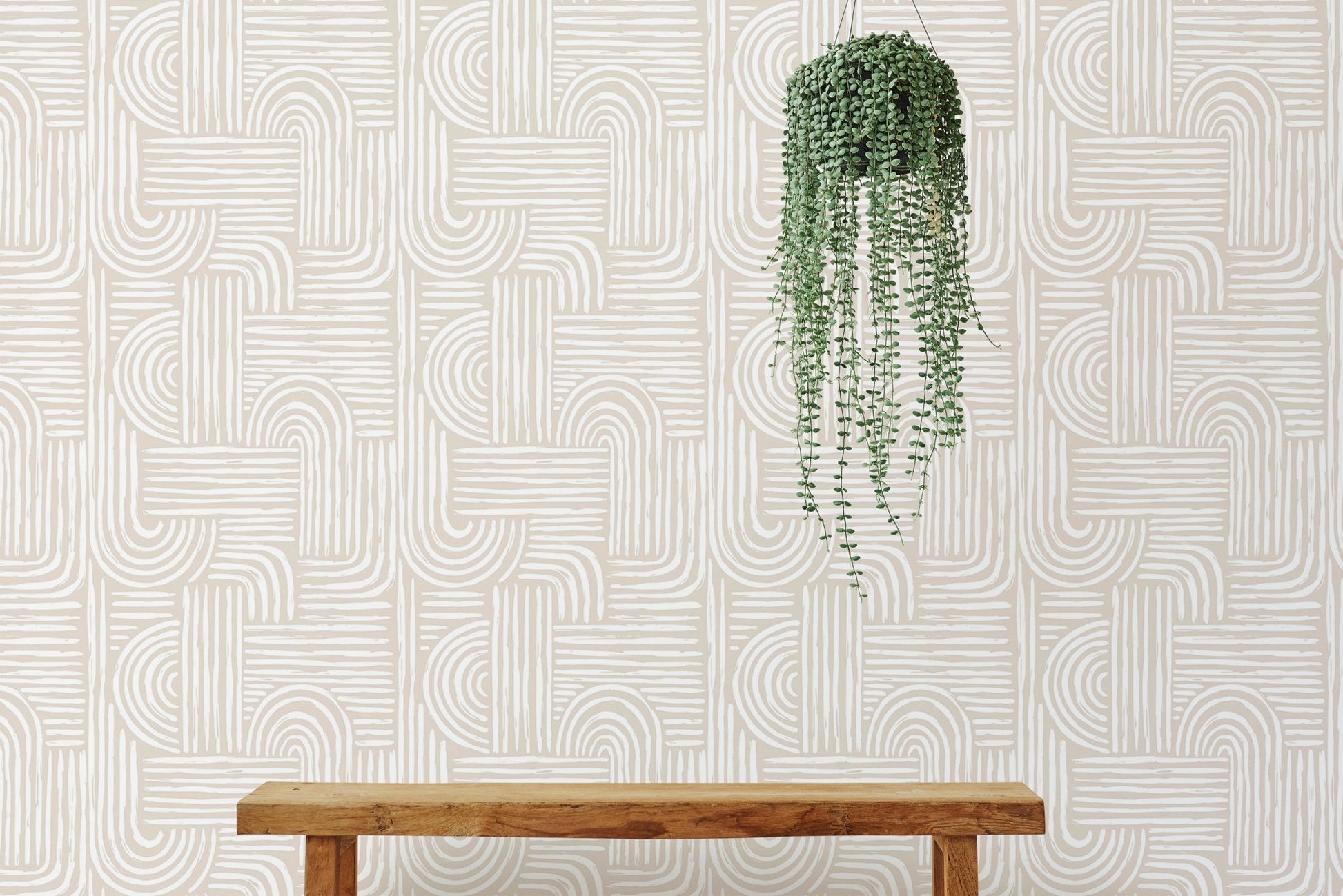 Minimalist bench against a beige line art wallpaper with a hanging plant.