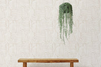Minimalist bench against a beige line art wallpaper with a hanging plant.