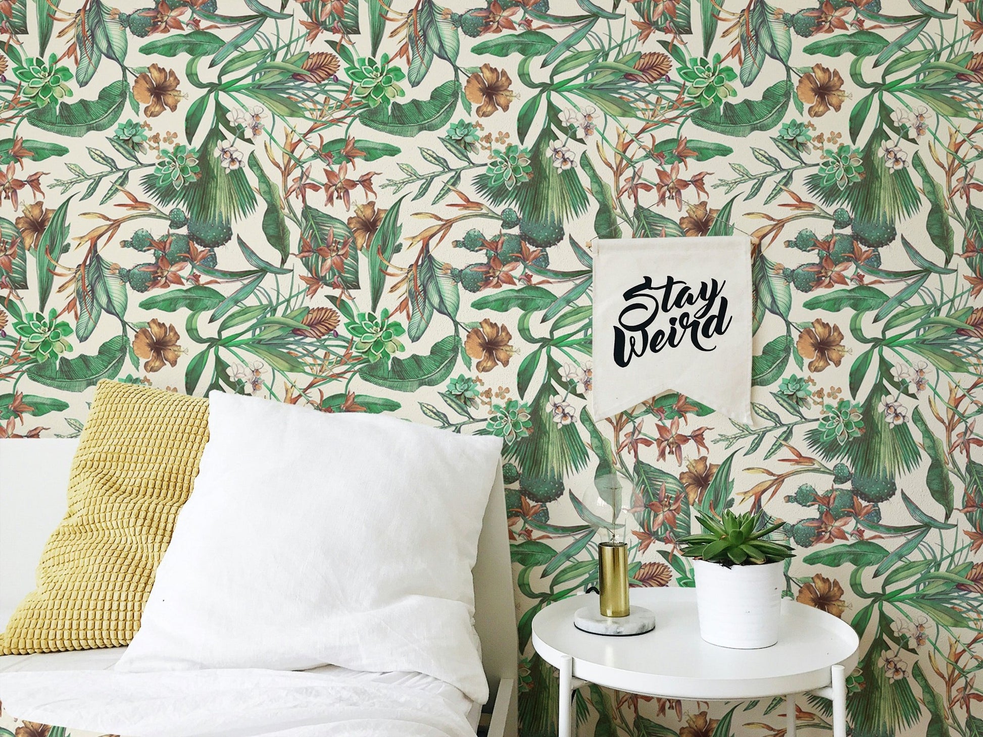 Seamless pattern tropical wallpaper for a bedroom accent wall.