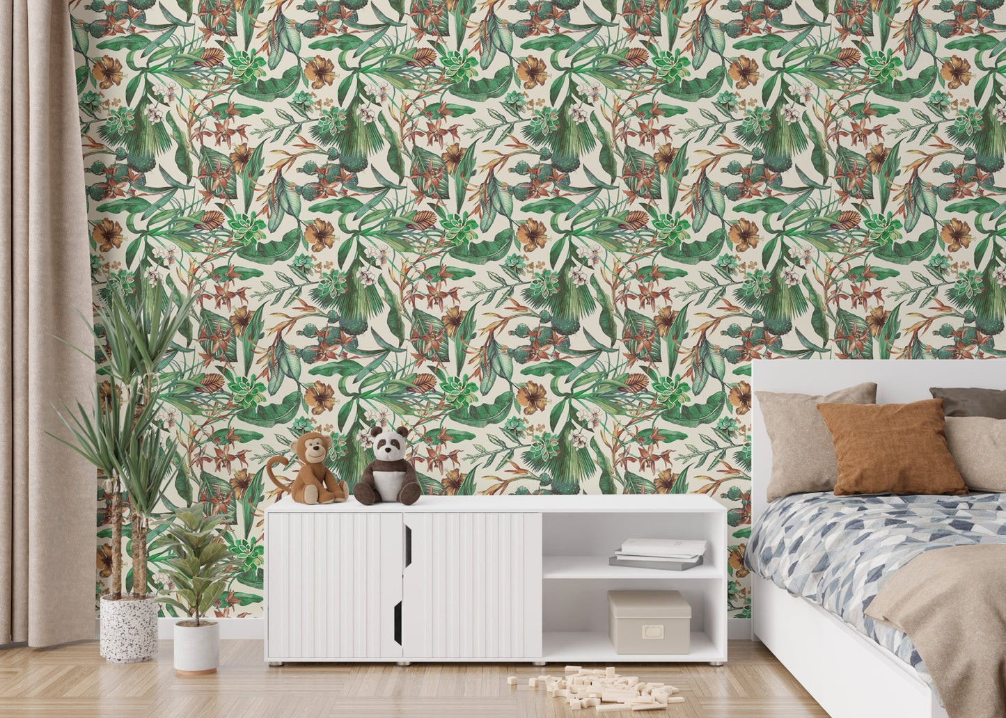 Floral wallpaper with tropical design in a cozy bedroom setting.