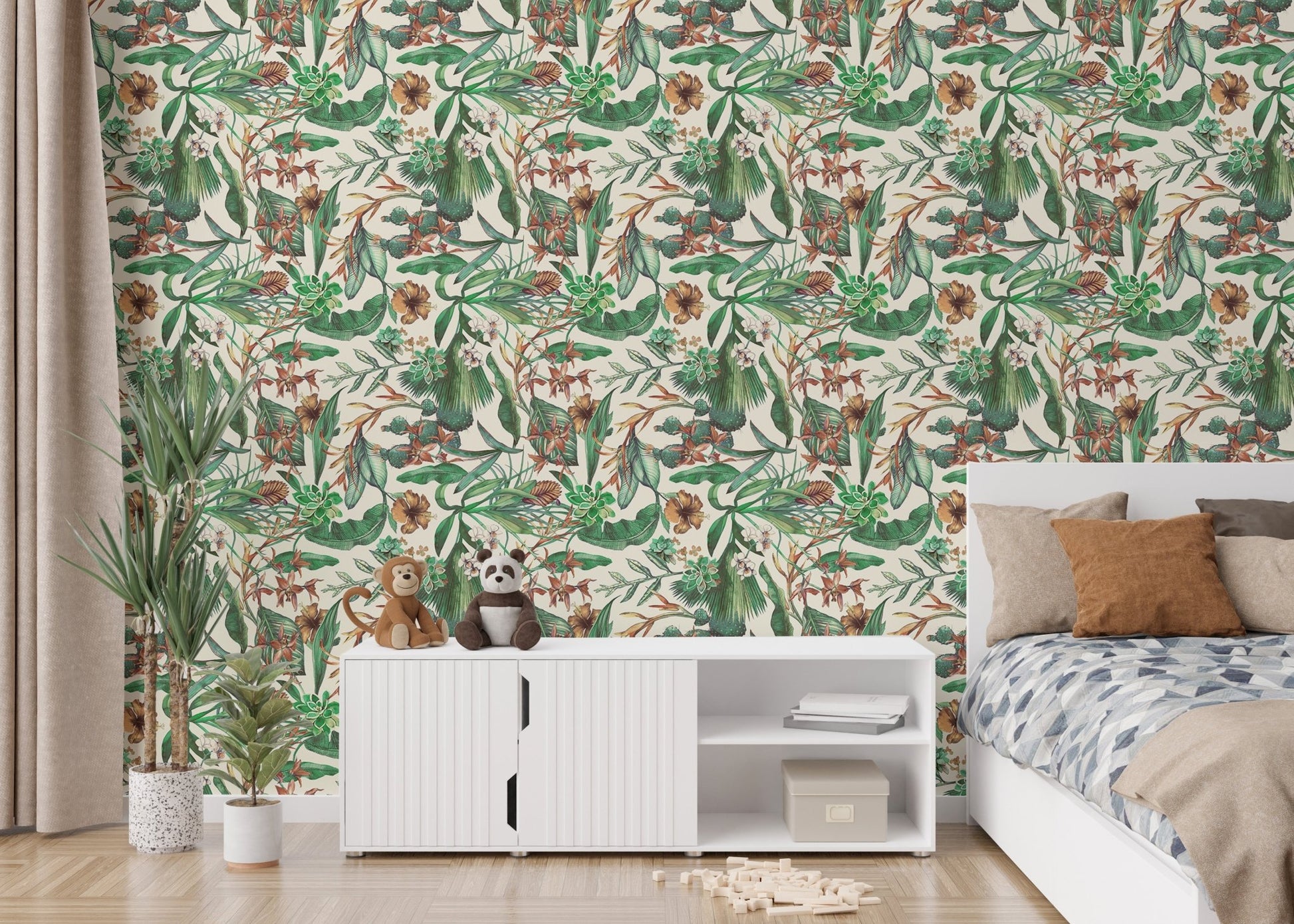 Floral wallpaper with tropical design in a cozy bedroom setting.