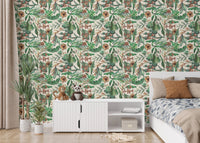 Floral wallpaper with tropical design in a cozy bedroom setting.
