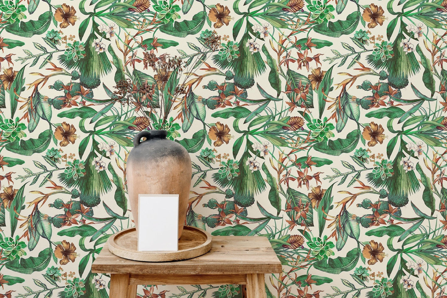 Home interior with botanical seamless pattern flower wallpaper.