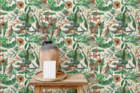 Home interior with botanical seamless pattern flower wallpaper.