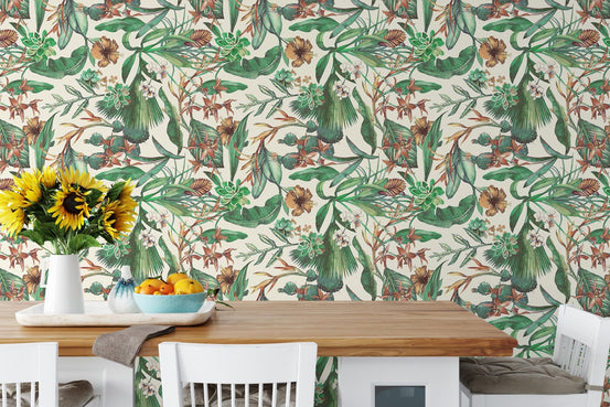 Seamless pattern flower tropical wallpaper in a sunlit dining room.