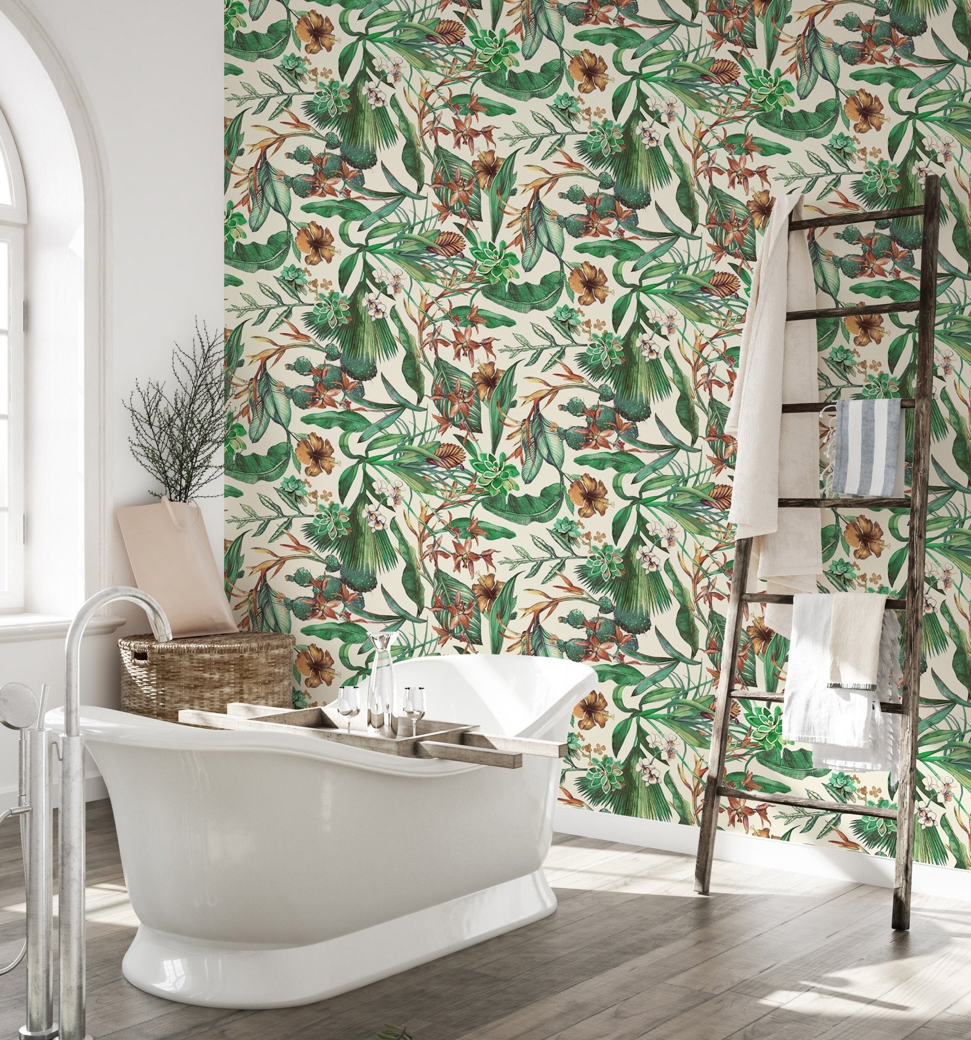Botanical wallpaper design for a relaxing bathroom setting.