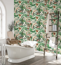 Botanical wallpaper design for a relaxing bathroom setting.