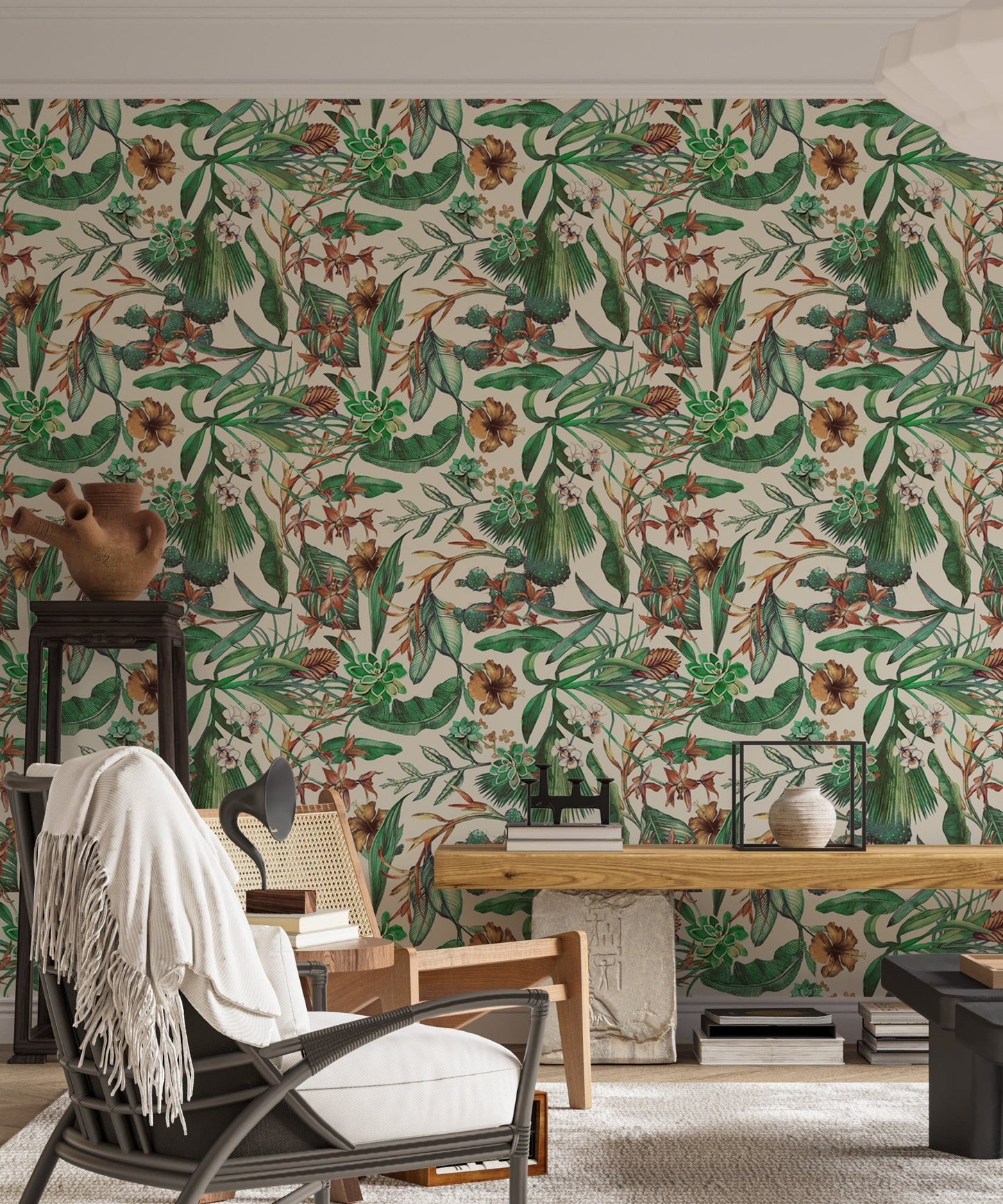 Tropical theme wallpaper with flower print for a living room.