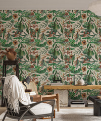 Tropical theme wallpaper with flower print for a living room.