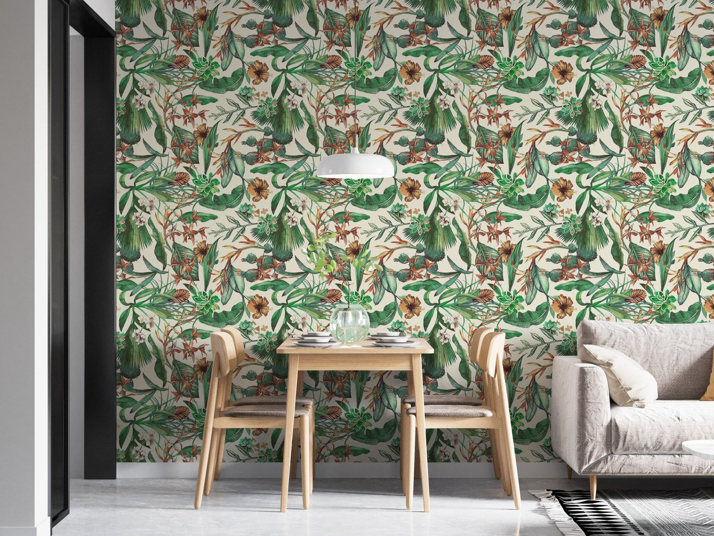 Bright dining room featuring seamless pattern flower wallpaper mural.