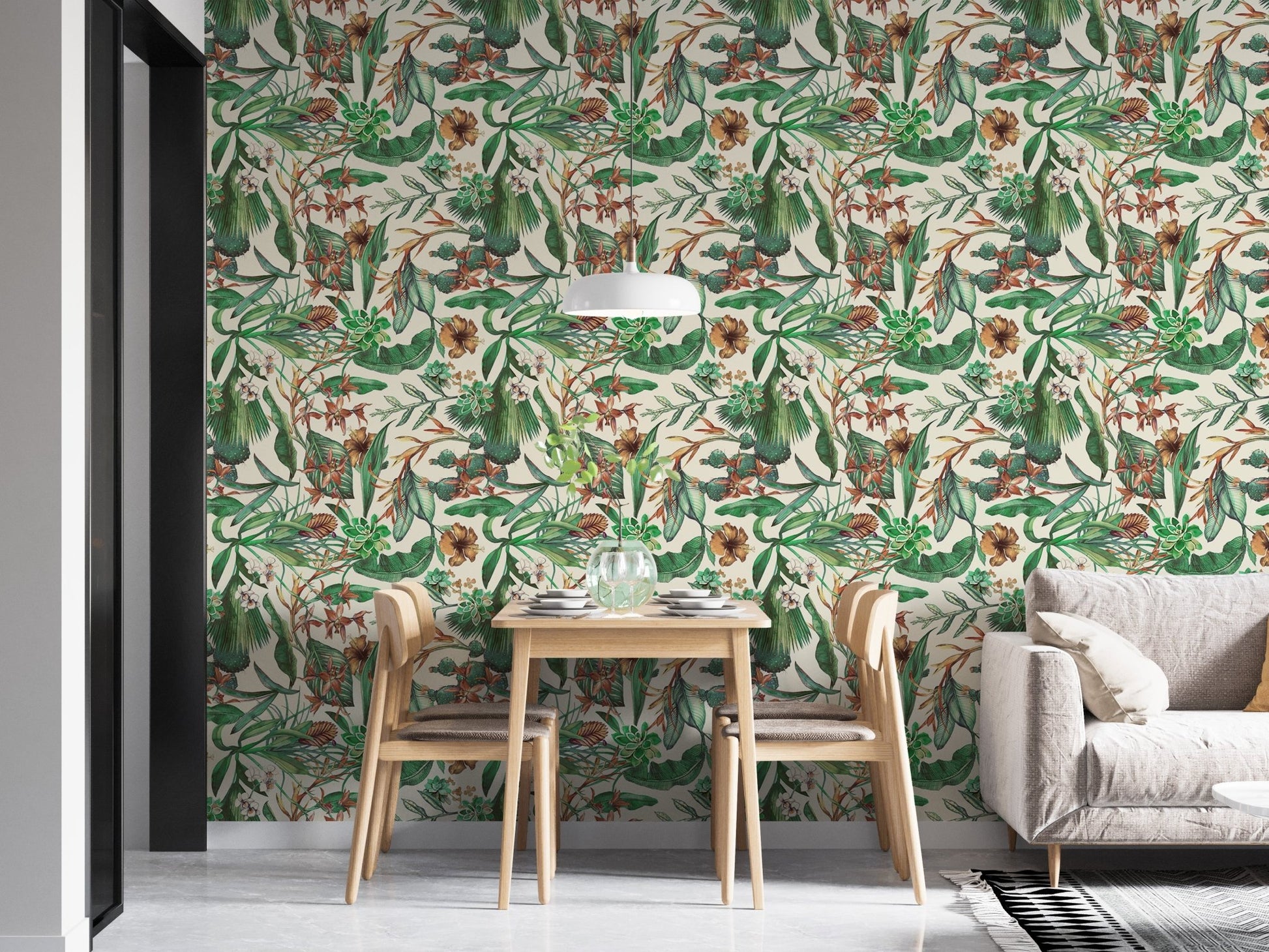Bright dining room featuring seamless pattern flower wallpaper mural.