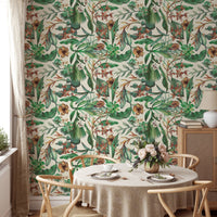 Seamless pattern flower tropical wallpaper on a dining room wall.