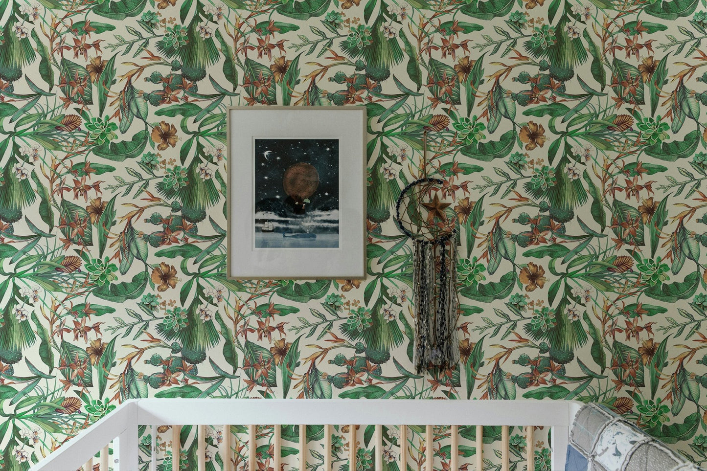 Tropical floral wallpaper mural for a stylish bedroom decor.