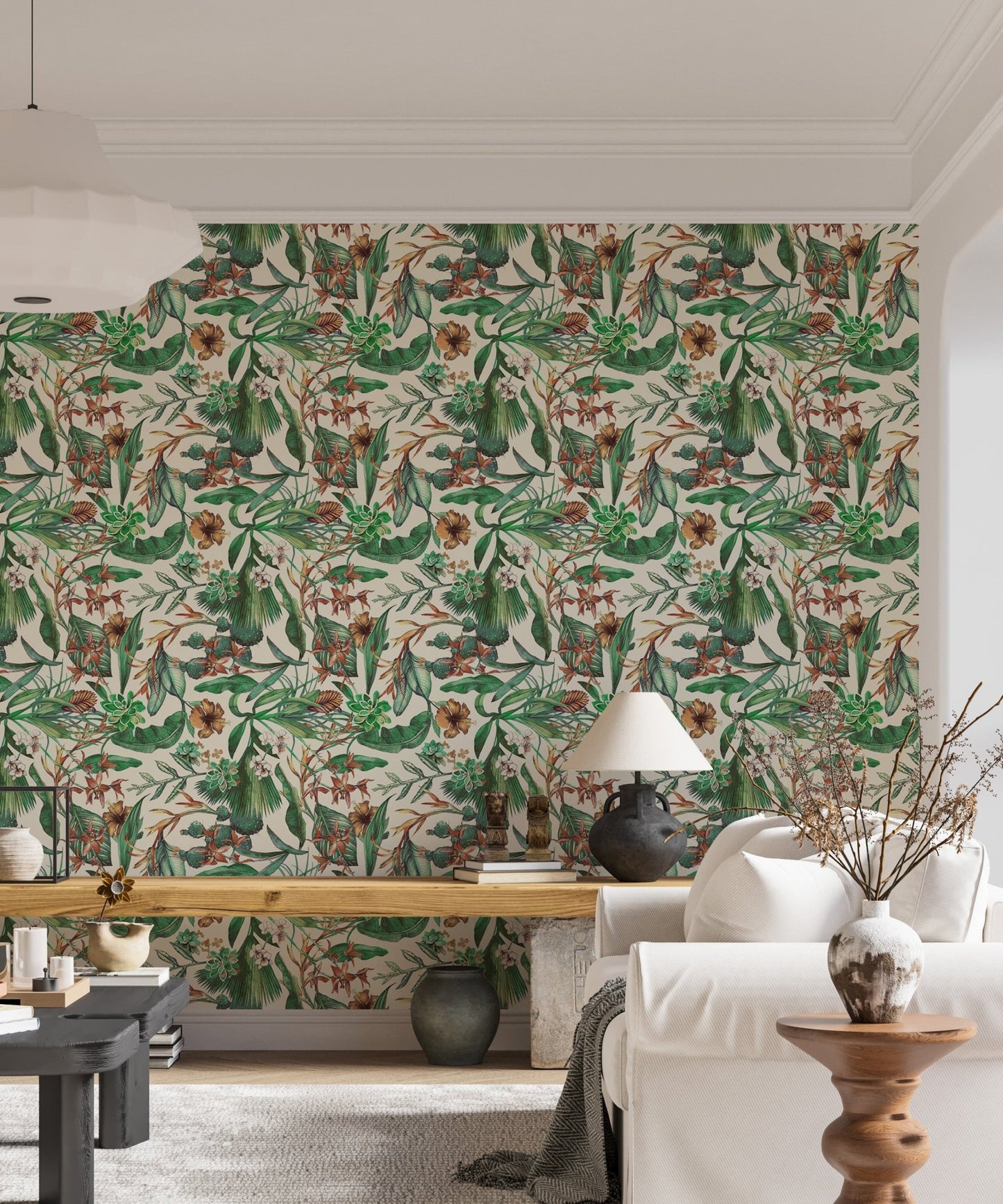 Vibrant flower tropical wallpaper applied to a modern living space wall.