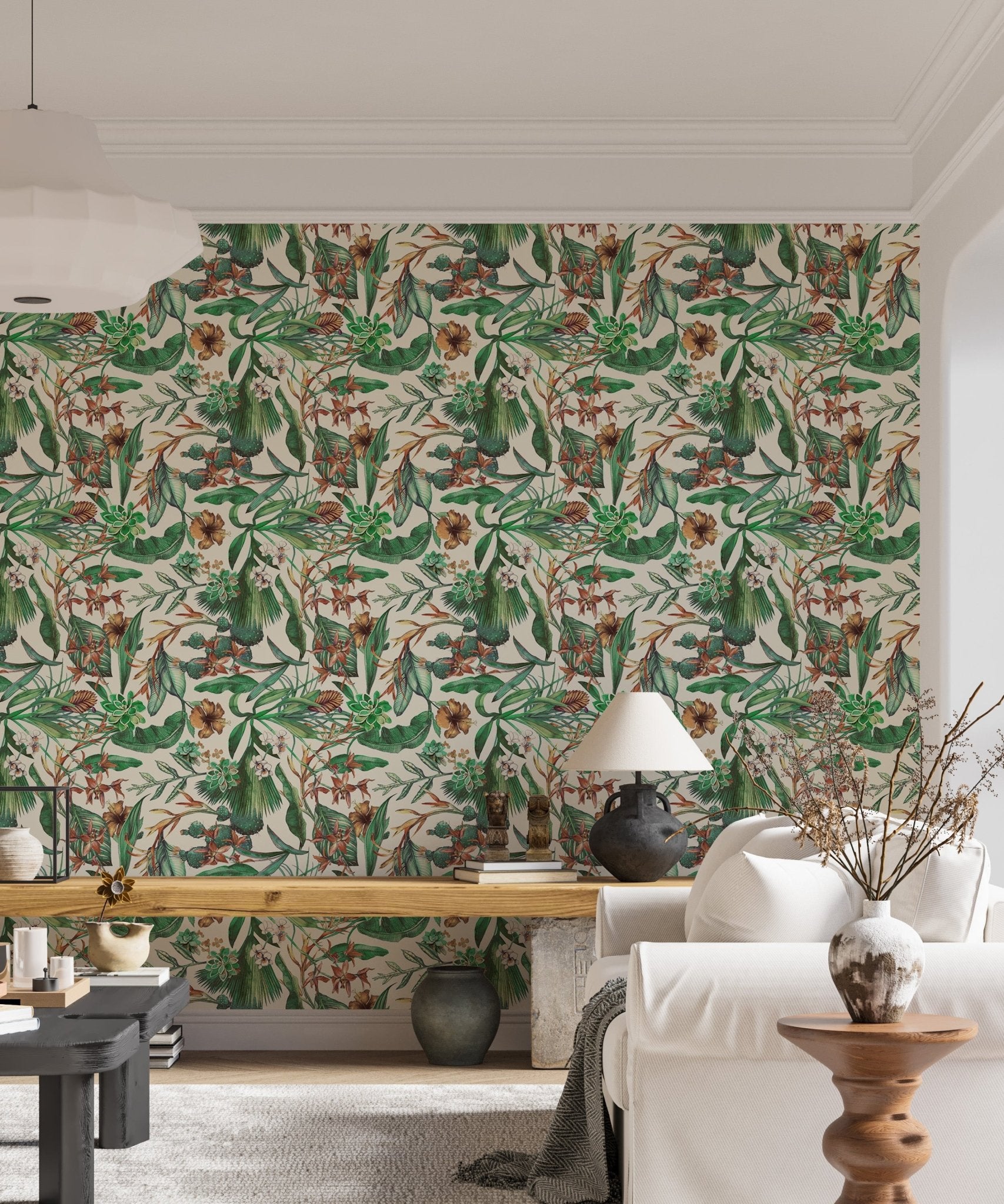Vibrant flower tropical wallpaper applied to a modern living space wall.
