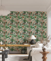 Vibrant flower tropical wallpaper applied to a modern living space wall.