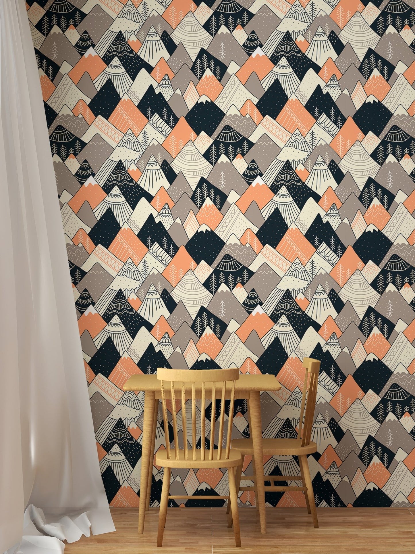 Grey and terracotta Scandinavian wallpaper in a small dining area.