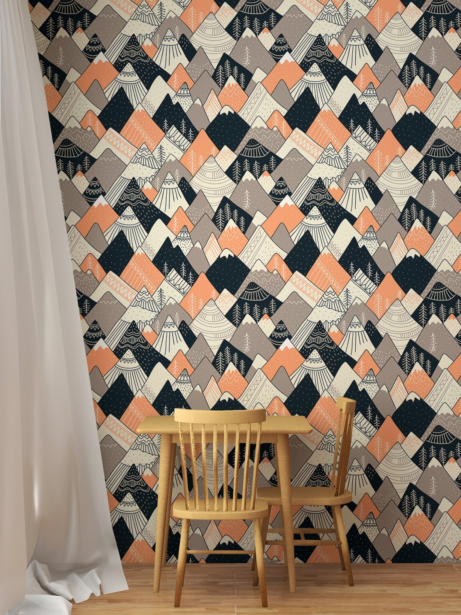 Grey and terracotta Scandinavian wallpaper in a small dining area.