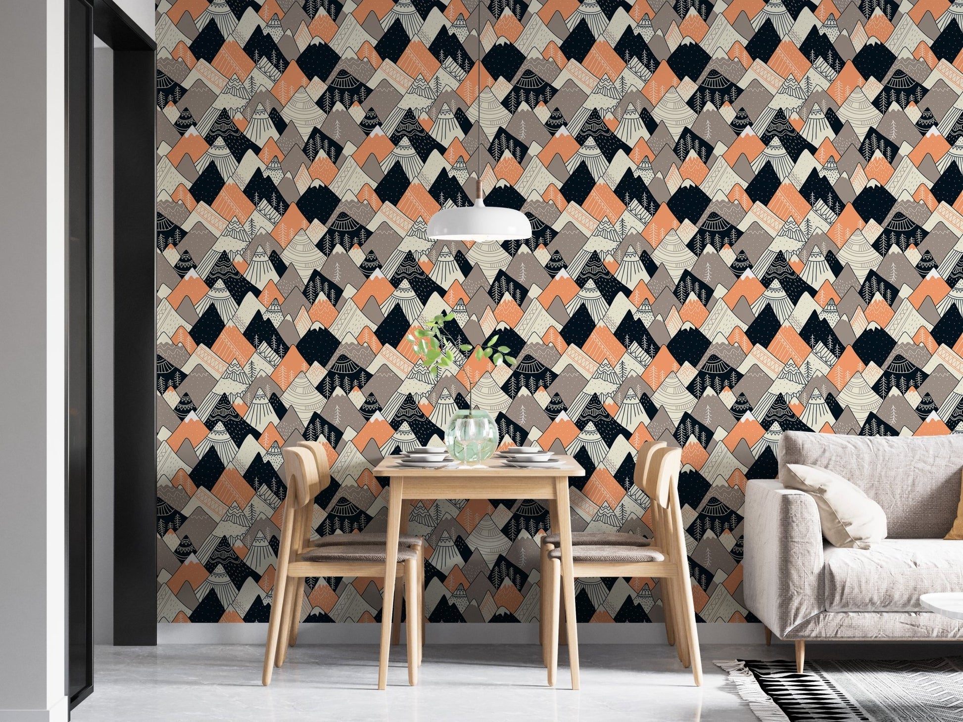 Modern mountain wallpaper for a dining room with wooden furniture.
