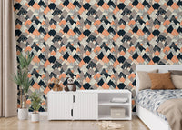 Nordic mountain wallpaper in a bedroom with white storage units.